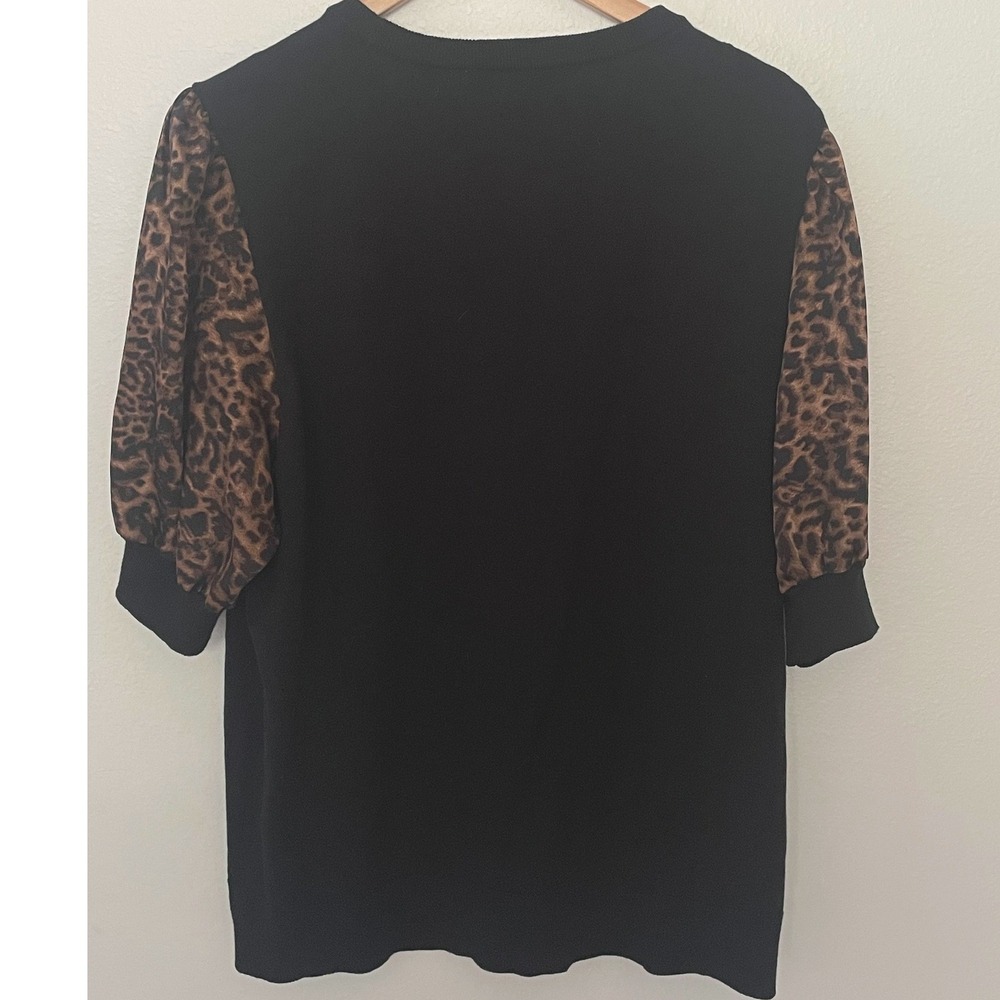 DKNY Knit Top Sz L Leopard Puff Sleeve Mixed Media Mob Wife Chic